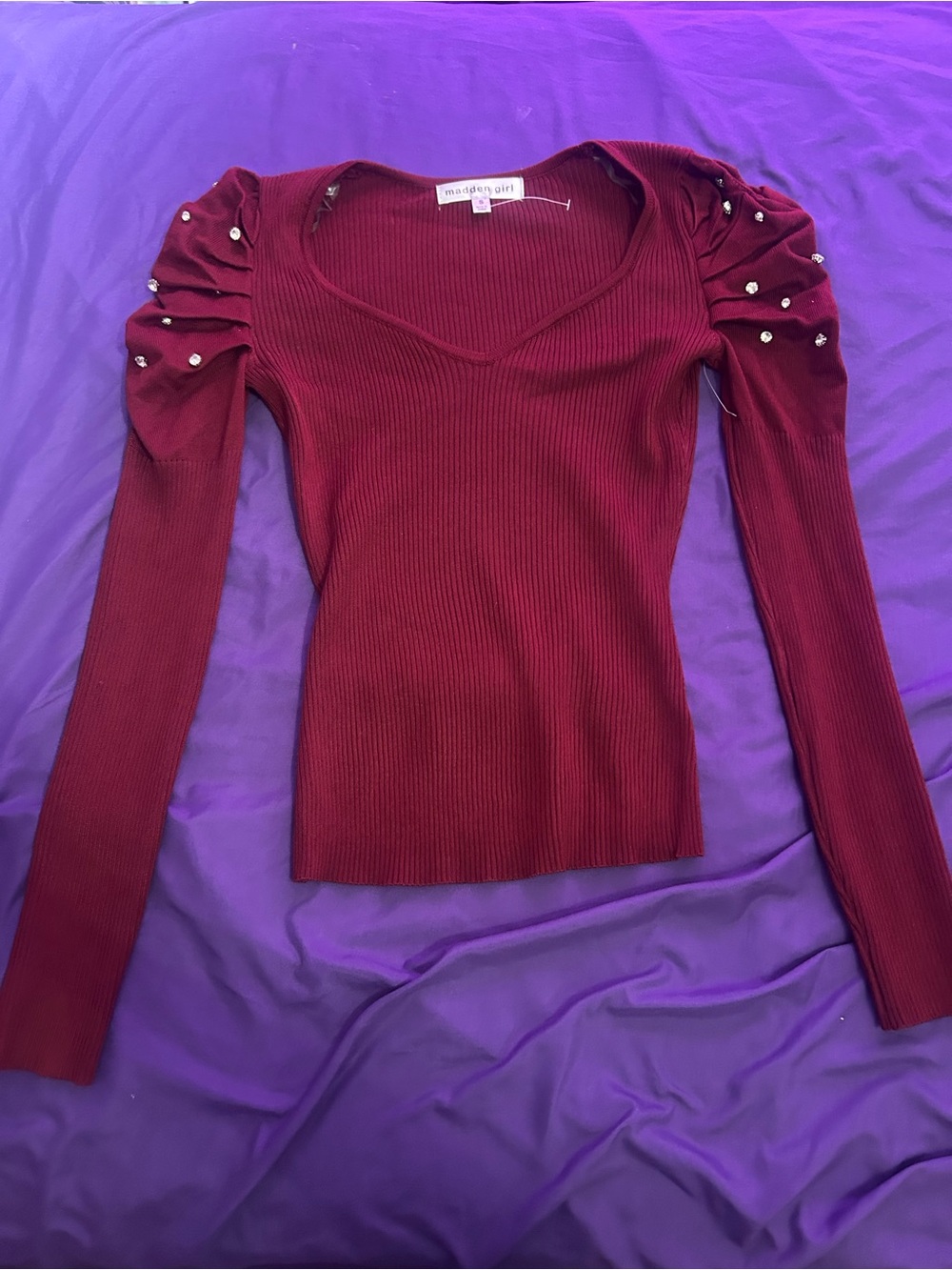 Madden Girl Burgundy Ribbed V-Neck Long Sleeve Top with Pearl Studs